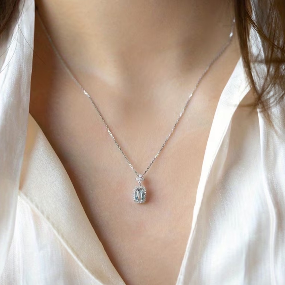 925 Sterling Silver Moissanite Crystal Ocean Blue Pendant Necklace